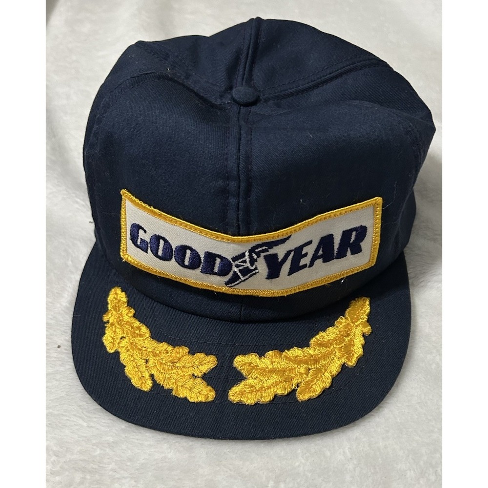 Vintage Goodyear Snapback Hat Gold Leaf Captain Pilot Trucker Cap USA